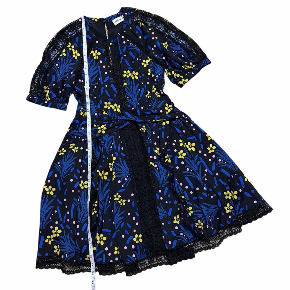 SELF-PORTRAIT NWT Black/Multi Wildflower Print Lace Trim Mini Dress 4 - Picture 11 of 15